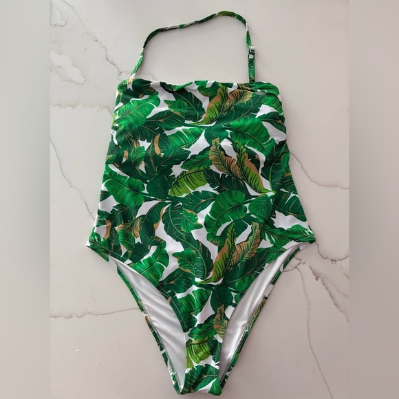 LOVE and SPORTS one piece strapless halter swimsuit tropical vacation 12/14 EUC - Picture 1 of 15